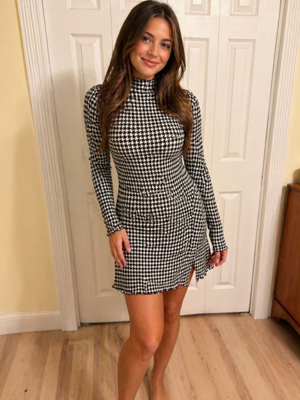 NWT SO Black White Houndstooth Mock Neck Bodycon Mini Dress XS
